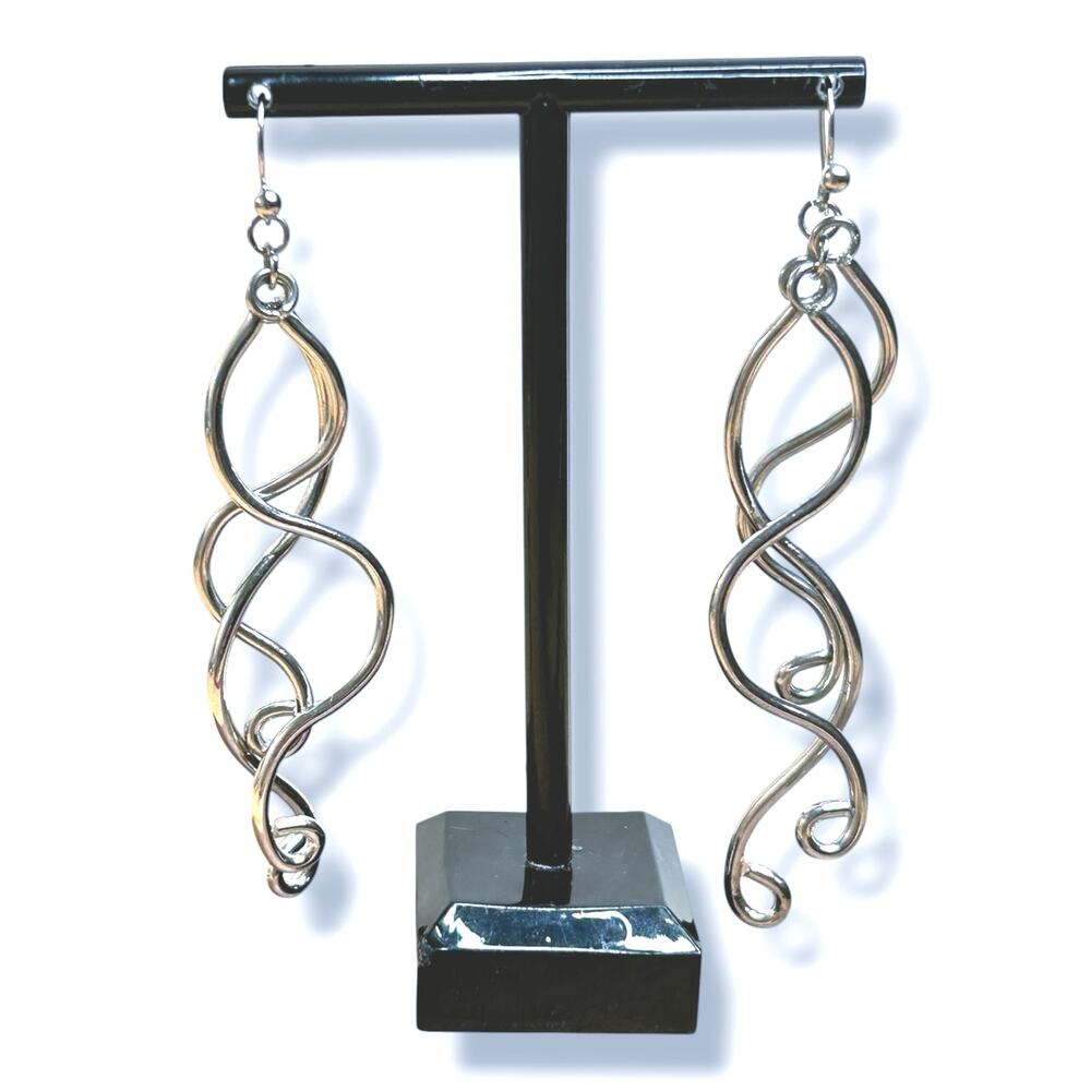 Silver Tone Long Dangle Squiggly Swirly Statement Earrings 3 in Drop